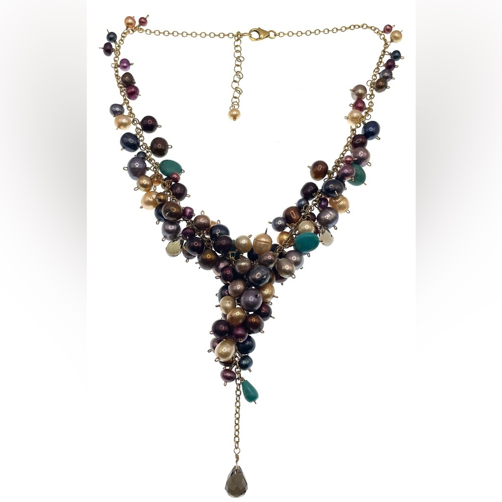 Vintage Gold Filled Y Necklace Multicolor Pearls & Crystals Statement Jewelry